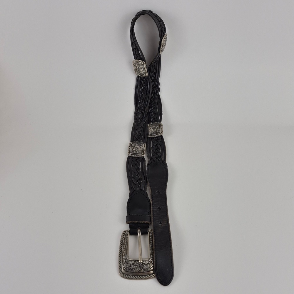 Kids Black Braided Genuine Leather Western Concho Belt Silver Tone Buckle ML - Picture 3 of 8